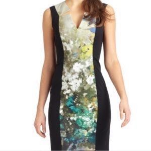 Black Halo Notched Collar Water Color Panel Dress
